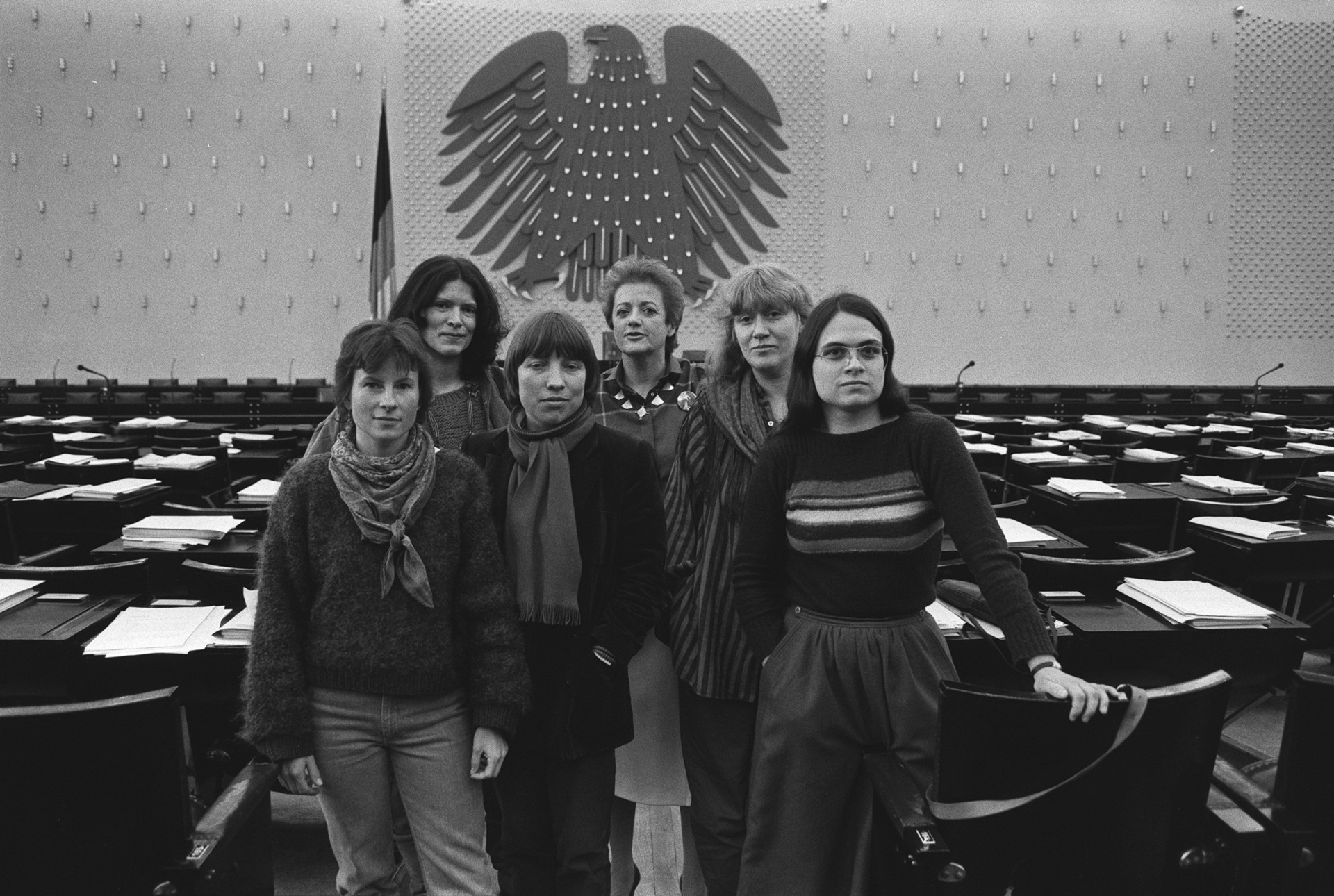 Die Fraktionssprecherinnen der Grünen im Bundestag 1984: Heidemarie Dann, Annemarie Borgmann, Antje Vollmer, Erika Hickel, Waltraud Schoppe und Christa Nickels (v. l. n. r.); Copyright: ZDF/picture alliance/Sven Simon