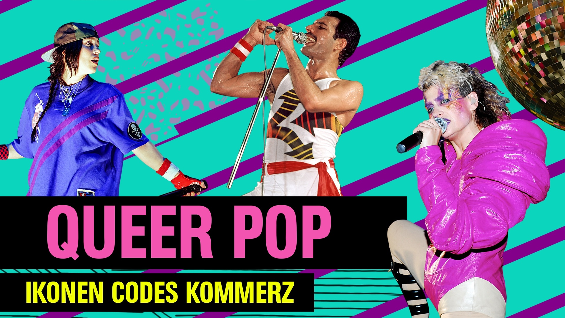 Musik, Mode oder Kunst: „Queer Pop“ beleuchtet den Einfluss von Künstler*innen wie Billie Eilish (li.), Freddie Mercury (mi.) oder Peaches (re.) auf die Popkultur von den 1970ern bis heute. / © ZDF und Cola Rérat. Musik, Mode oder Kunst: „Queer Pop“ beleuchtet den Einfluss von Künstler*innen wie Billie Eilish (li.), Freddie Mercury (mi.) oder Peaches (re.) auf die Popkultur von den 1970ern bis heute. / © ZDF und Cola Rérat.